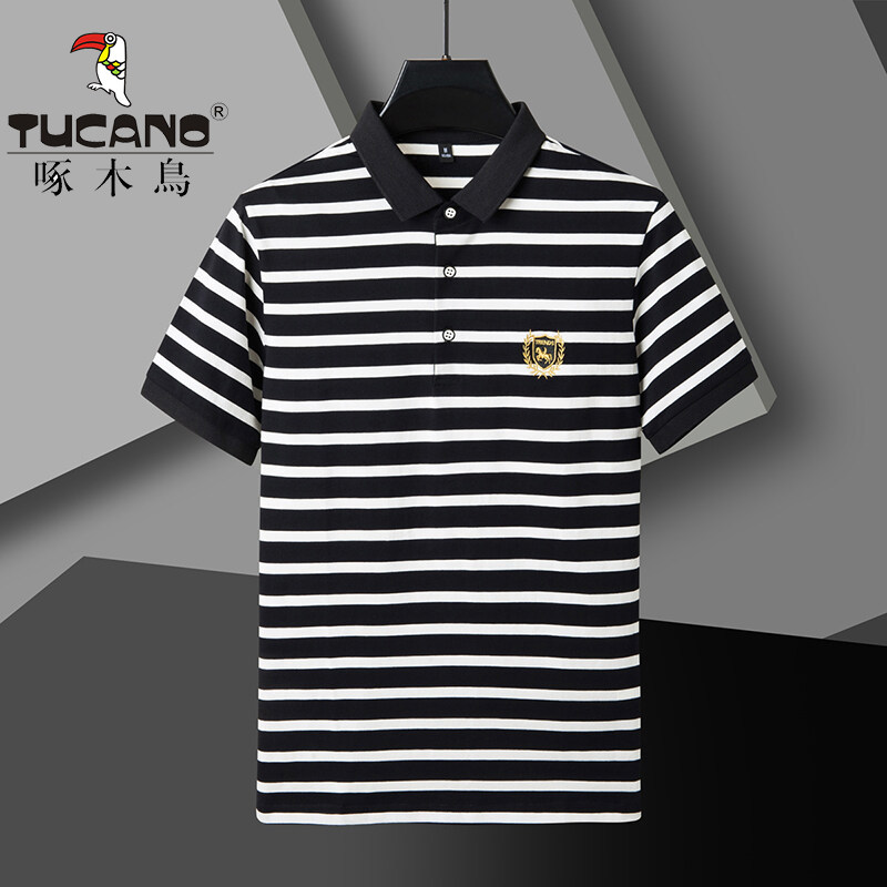啄木鸟条纹POLO衫男士短袖t恤棉质翻领高档上衣有领商务男装体恤