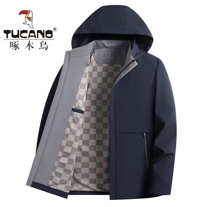 啄木鸟男士夹克春秋新款连帽外套商务休闲男装纯色茄克衫爸爸上衣