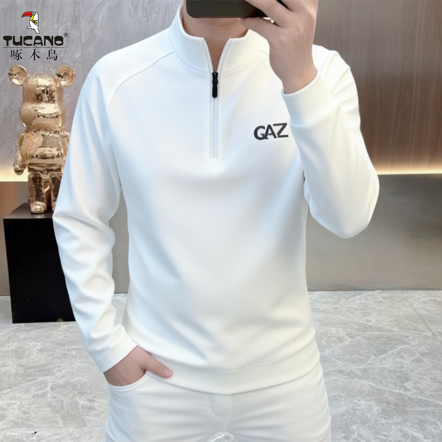 啄木鸟半拉链立领长袖T恤男款春秋季新款男士休闲运动上衣打底衫