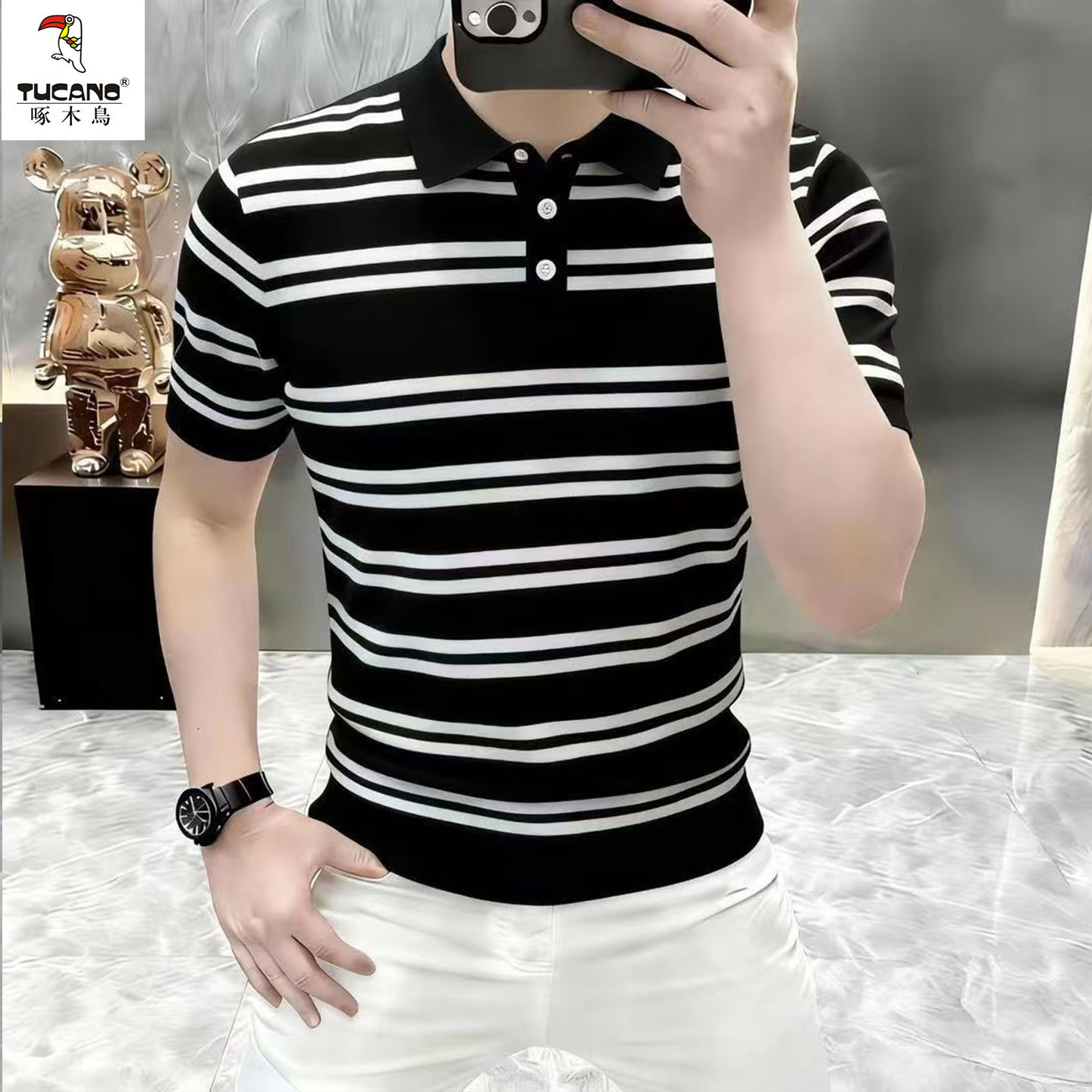 啄木鸟夏季条纹翻领短袖POLO衫男