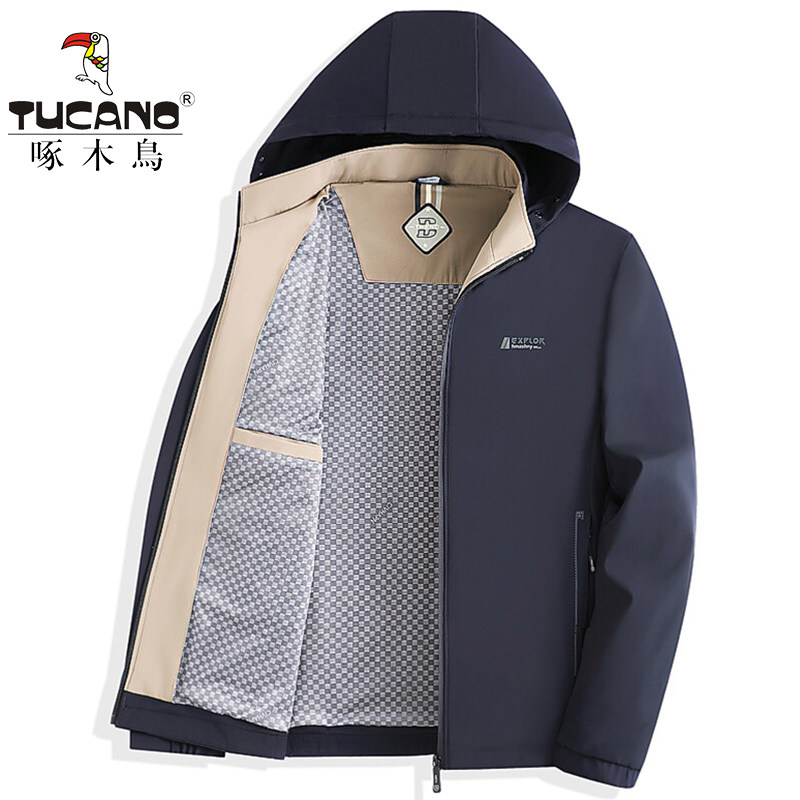 啄木鸟男装夹克春秋季新款连帽外套中老年商务休闲纯色茄克衫上衣