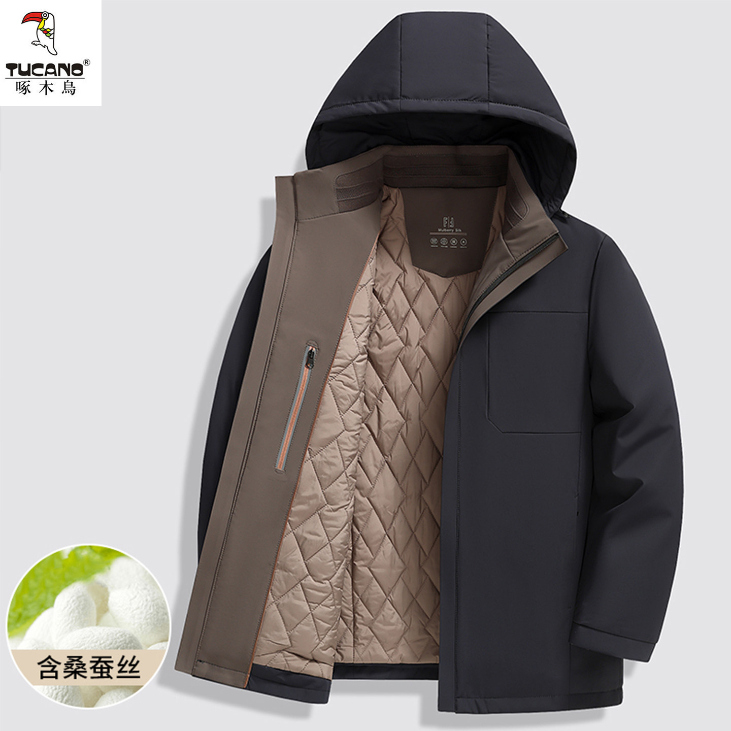 啄木鸟秋冬季桑蚕丝男士棉服外套