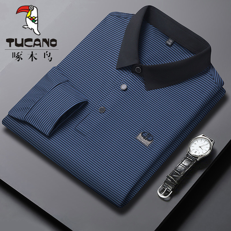 啄木鸟春秋无痕长袖条纹POLO衫 男士商务休闲压标翻领免烫中年T恤