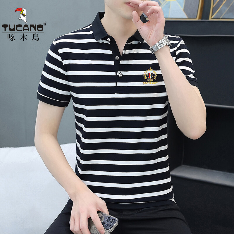 啄木鸟条纹短袖T恤男士翻领纯棉POLO衫刺绣时尚休闲宽松百搭上衣