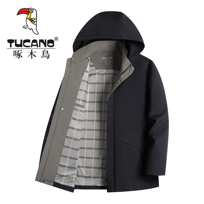 啄木鸟春秋季新款男士连帽夹克外套中老年商务休闲纯色茄克衫上衣