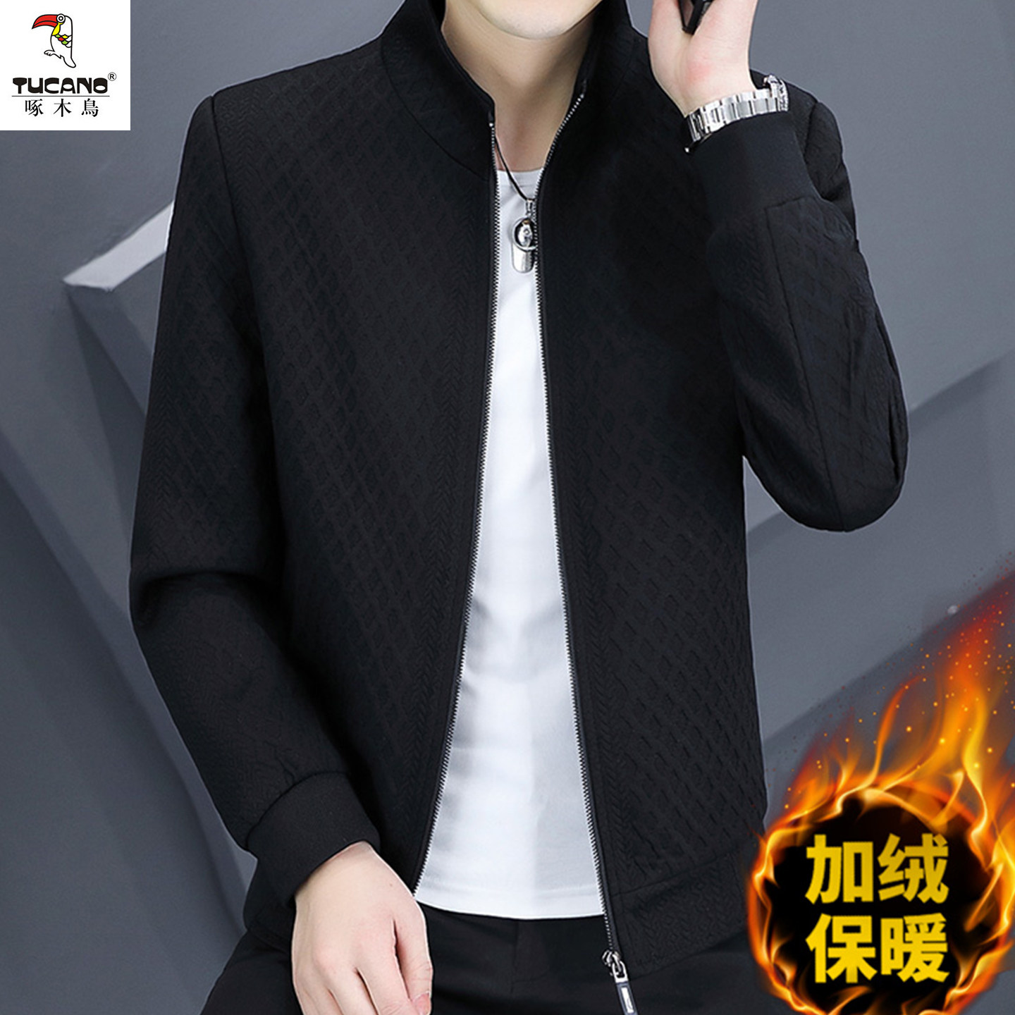 啄木鸟加绒加厚夹克男士秋冬季新款外套立领工装休闲时尚上衣男款