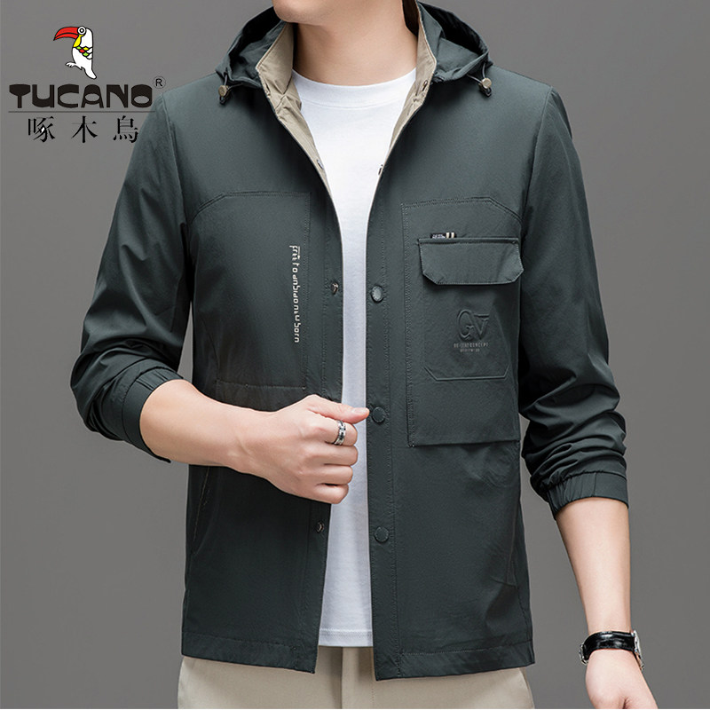 啄木鸟春秋季新款连帽夹克外套宽松休闲上衣中年爸爸装薄款茄克衫