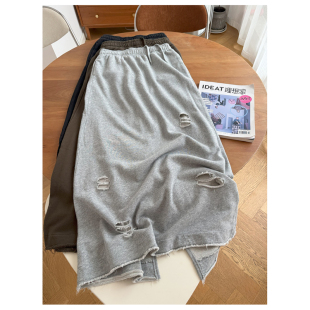 春秋款 松紧腰休闲半身裙长裙 纯棉水洗毛圈破洞卫裙