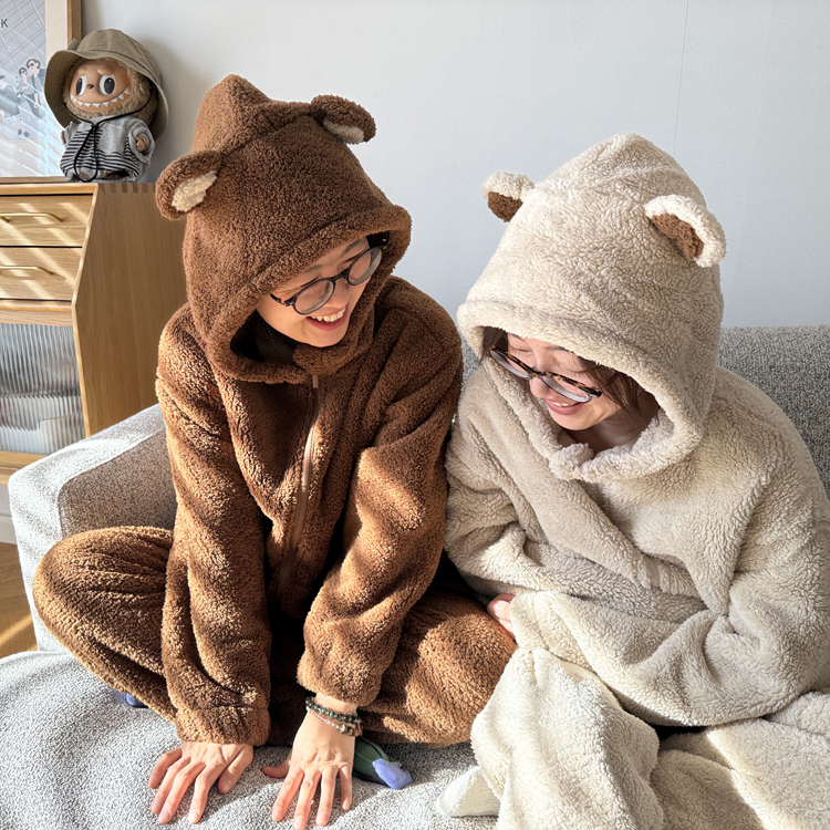 高货秋冬加厚保暖熊绒绒连帽睡衣