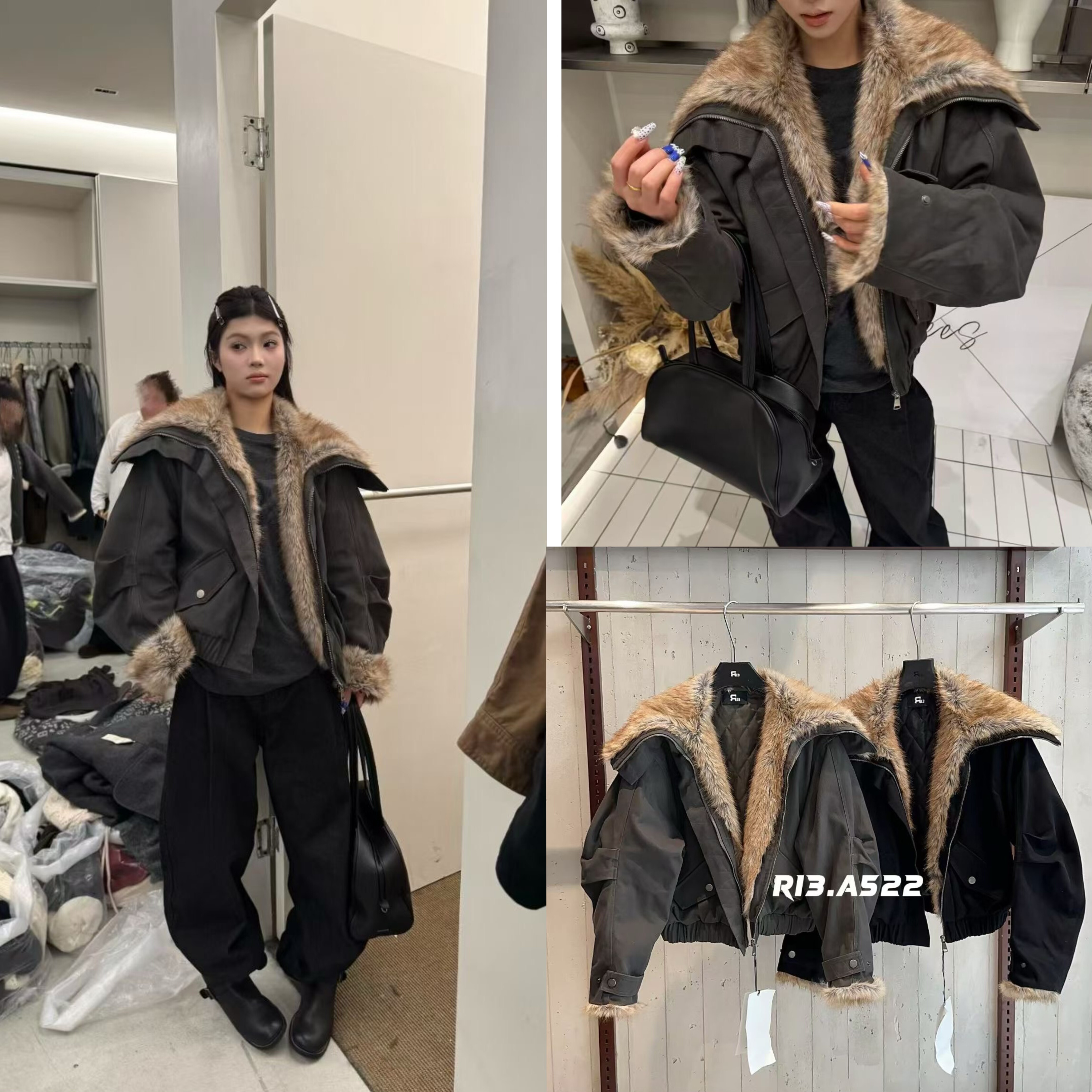 R13正品25冬新款韩系大翻领拼接毛毛袖口宽松保暖皮草外套上衣女