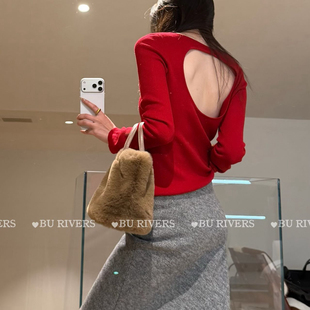 长袖 圆领超柔羊毛小衫 挖背修身 上衣女15189 RIVERS超显瘦新年款