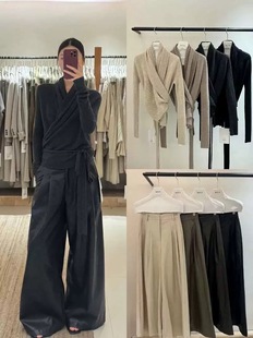 5131 女高腰直筒加绒PU皮阔腿长裤 mols秋冬韩版 宽松显瘦百搭休闲裤