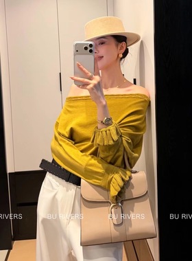 BU RIVERS 2026春季新款一字肩羊毛针织衫花朵漏肩打底上衣15322