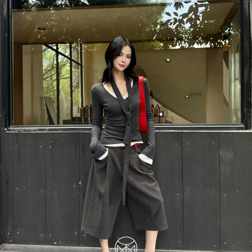 TOMORROW ANN早秋u领极简时尚百搭显瘦针织衫配系带女羊毛11985