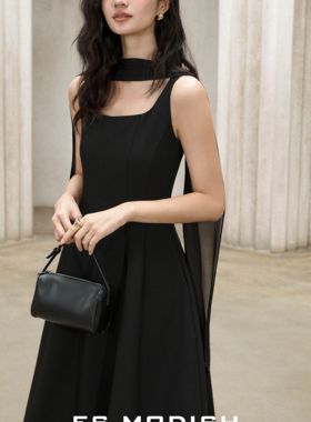 ES MODISH-赫本风方领无袖高腰吊带连衣裙(配飘带)OPS4058