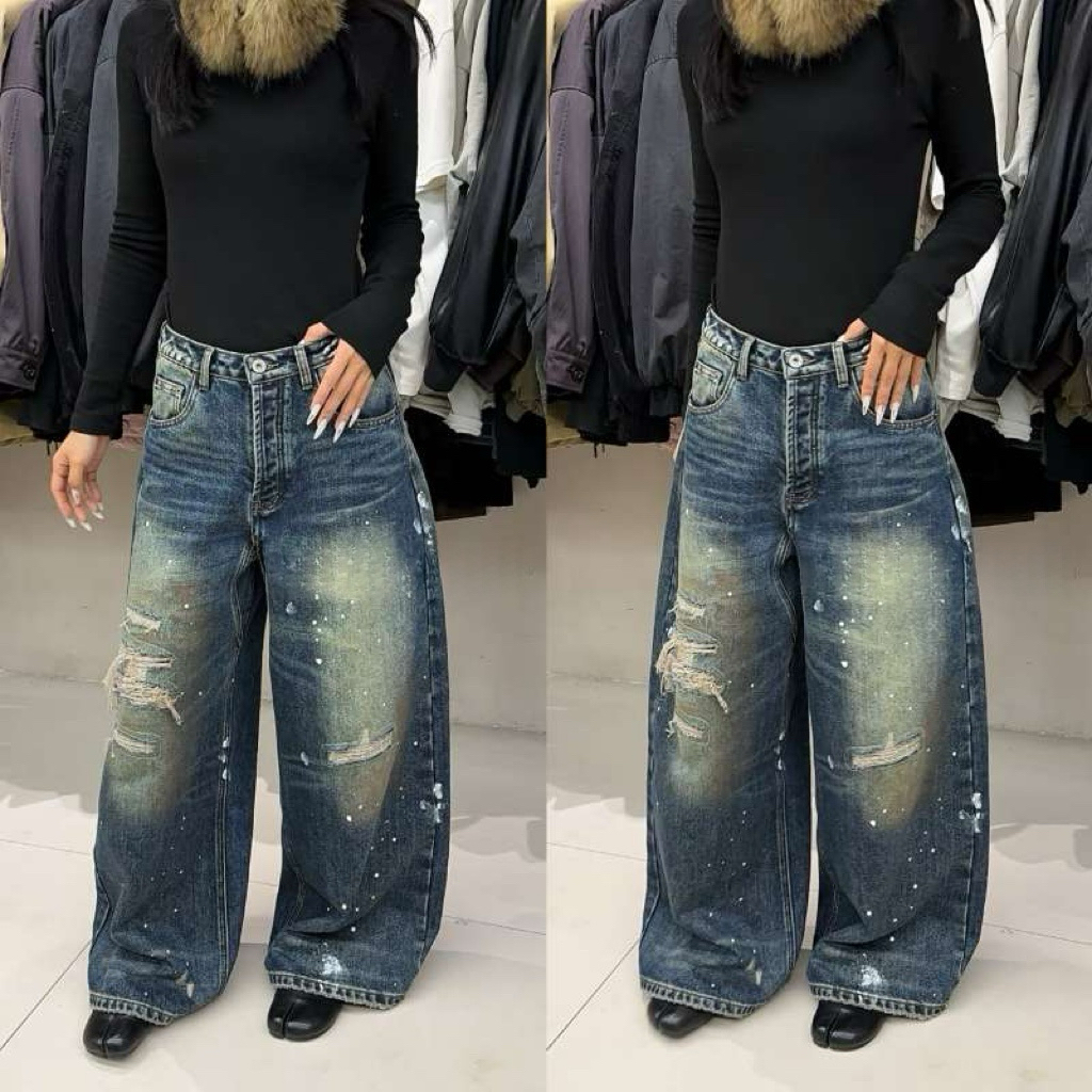 R13 2025秋冬新款加厚美式复古做旧破洞设计感泼墨宽松磨毛牛仔裤