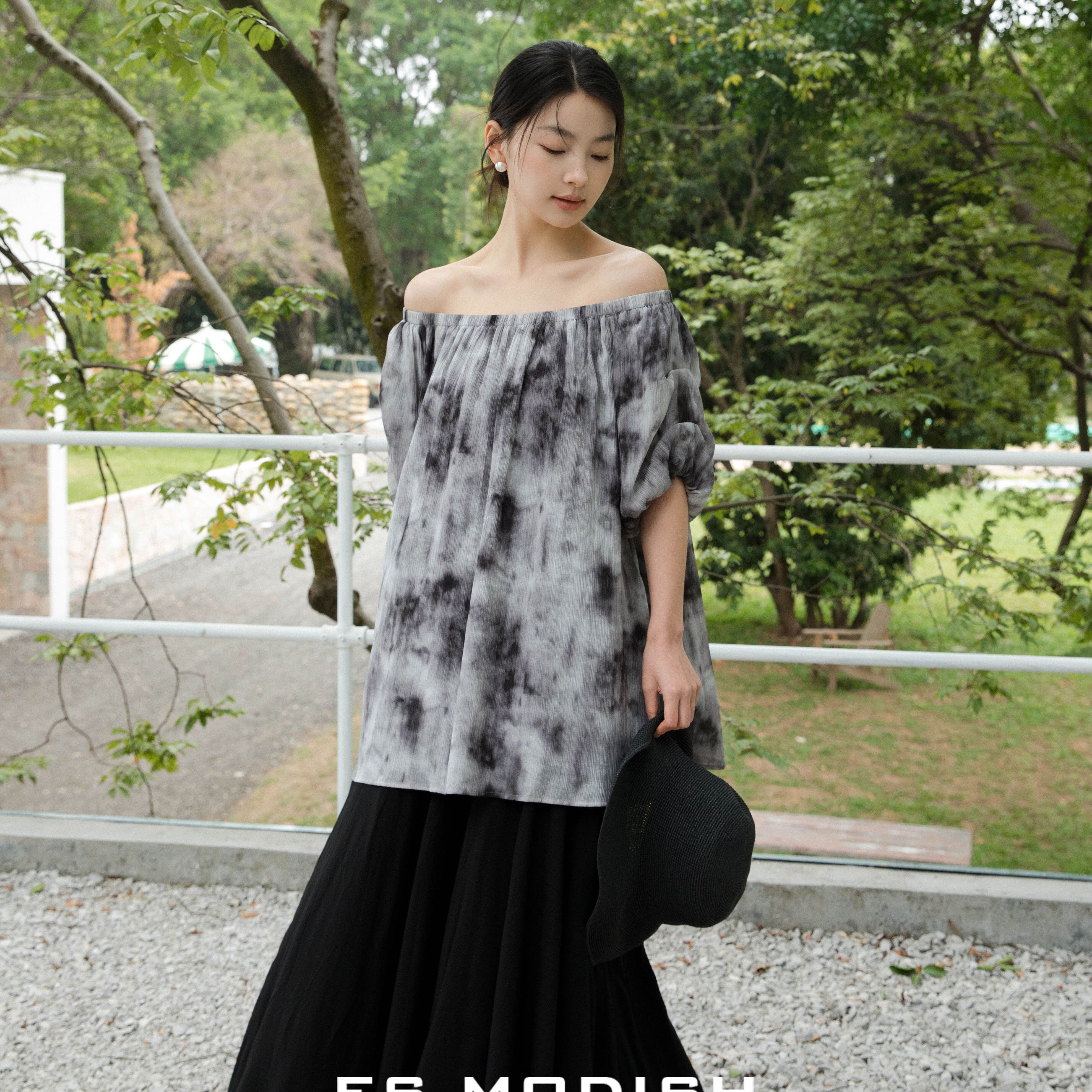 ES MODISH-复古纯欲风扎染一字肩雪纺衫BL3288