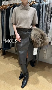 MOLS授权店高腰半身裙女2025冬季 老钱风不对称开叉PU包臀裙子 新款