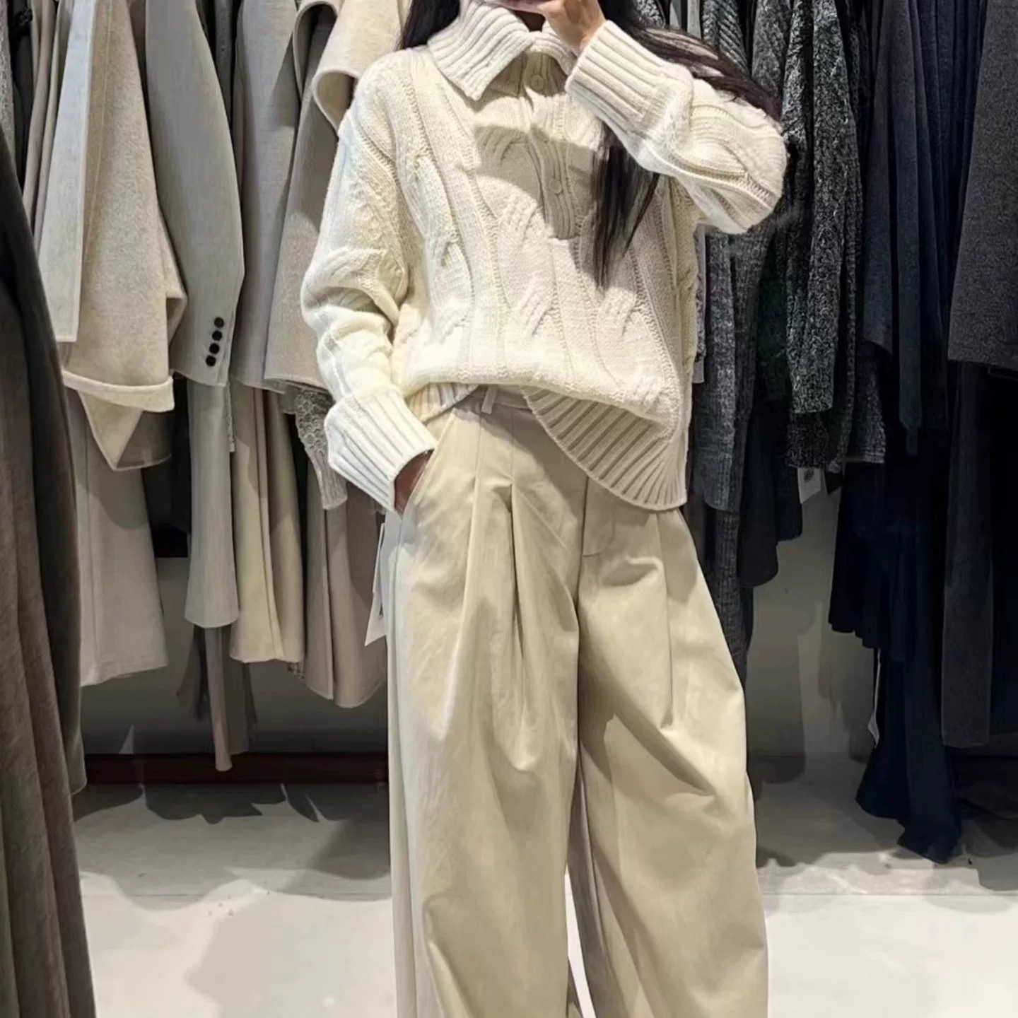 mols2025秋冬新款通勤简约百搭翻领宽松麻花针织套头毛衣外套