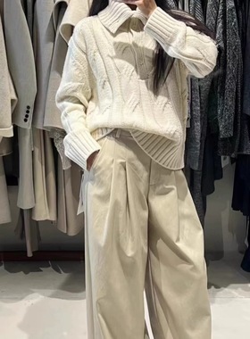 mols2025秋冬新款通勤简约百搭翻领宽松麻花针织套头毛衣外套