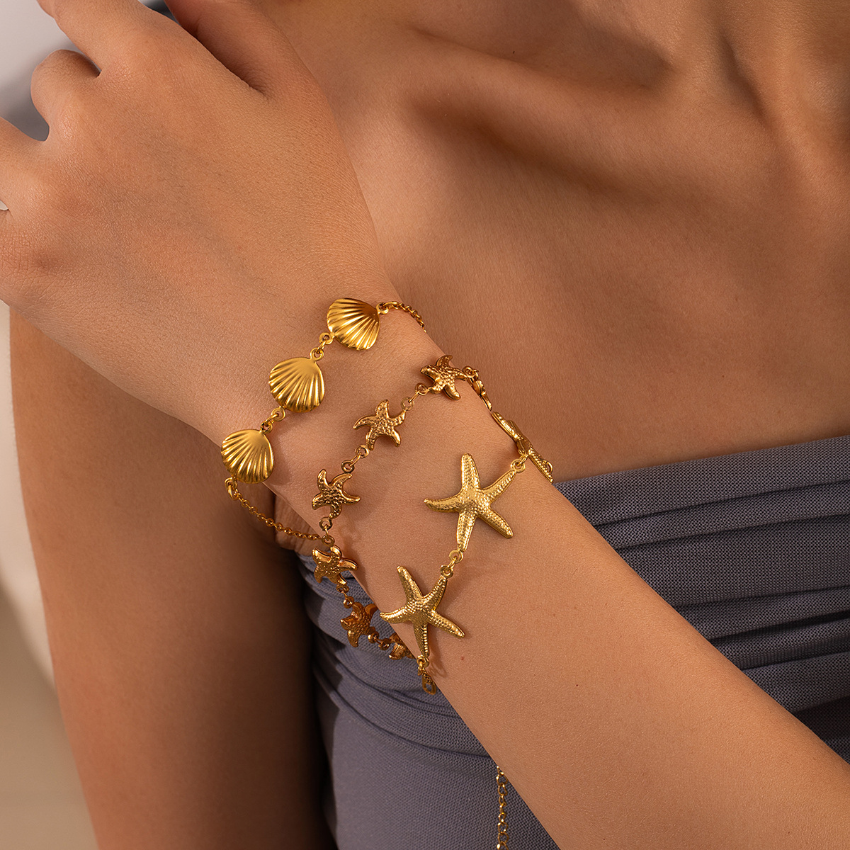 欧美海边轻奢度假风手链不锈钢高级感贝壳海星手串可调节气质