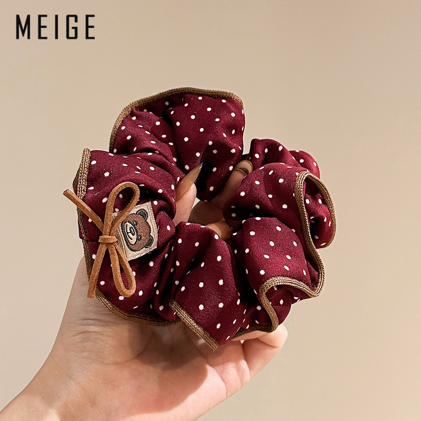 小熊蝴蝶结波点布艺发圈