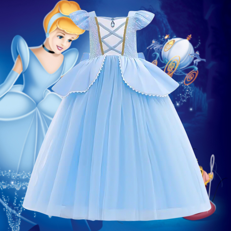 新品灰姑娘女童公主裙拼接网纱Cinderella冰雪奇缘爱莎儿童连衣裙