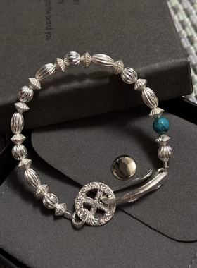 工装飞行员 原创复古日本925银雕刻银珠小众进口百搭羽毛扣手链