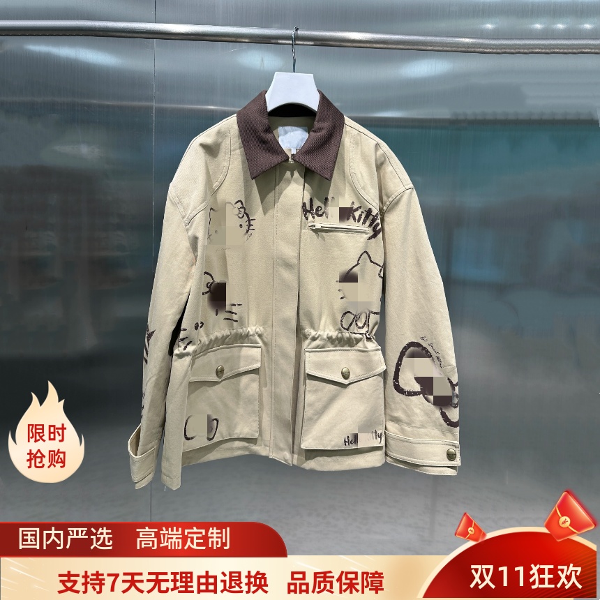 现货芮家2025秋季新款宽松猫咪字母印花工装风牛仔外套RL70110439