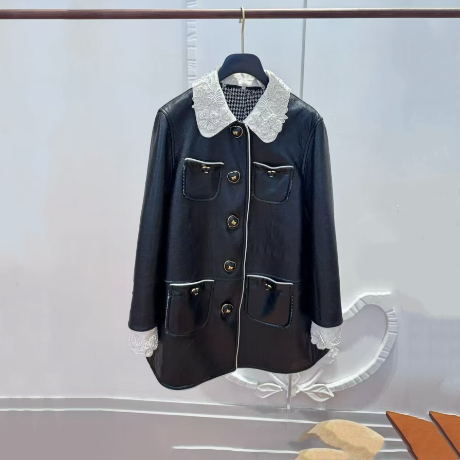 现货拉飞家2025秋款复古花朵蕾丝时尚钉珠皮衣长外套LF25Q51FC015