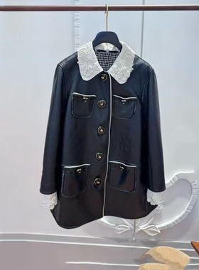 现货拉飞家2025秋款复古花朵蕾丝时尚钉珠皮衣长外套LF25Q51FC015