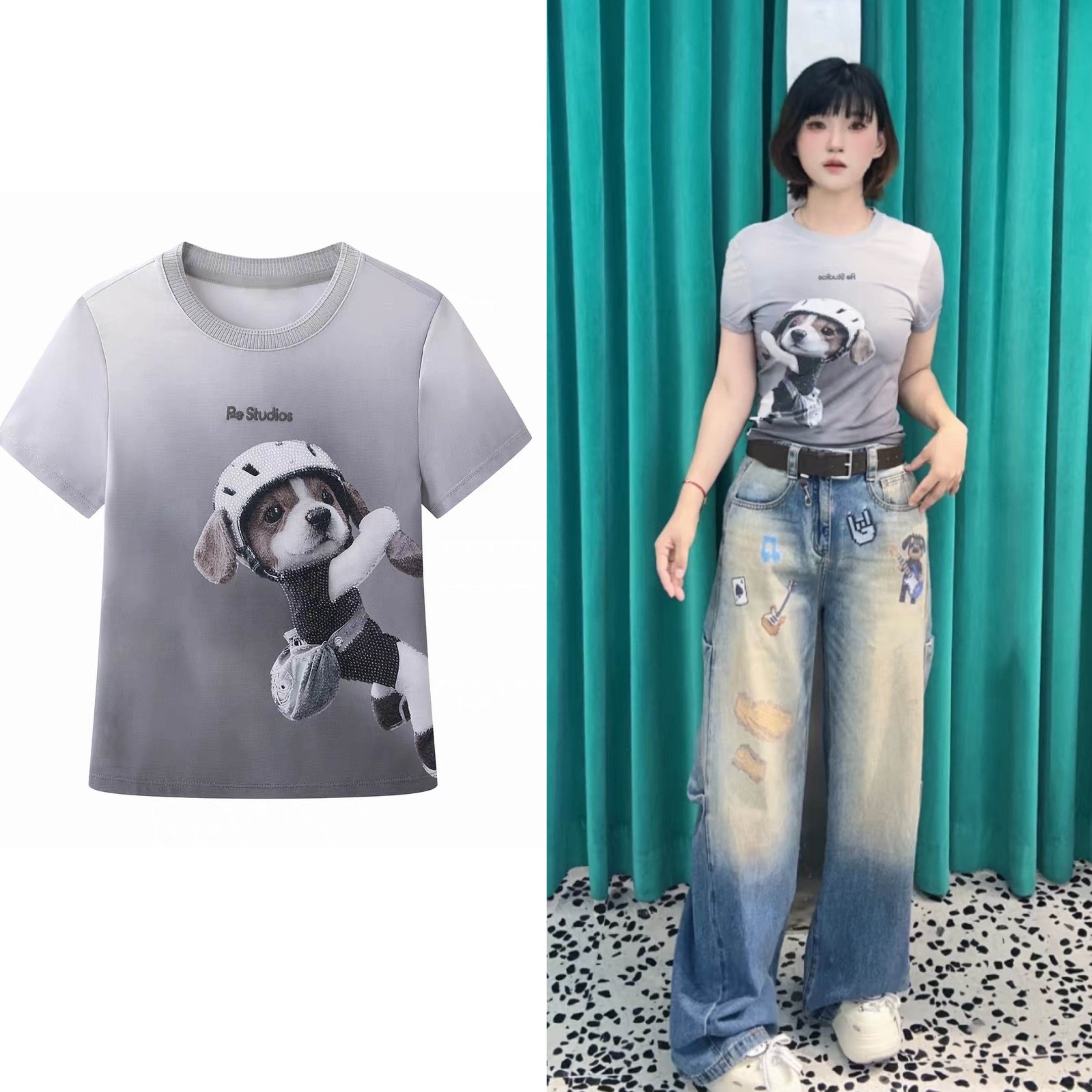 现货芮家2026夏季新款女装卡通小狗印染皮肤衣短袖T恤 RK30801024