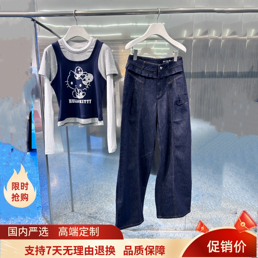 现货芮家2025秋款猫咪字母假三件T恤 RL70801002牛仔裤RL71302046