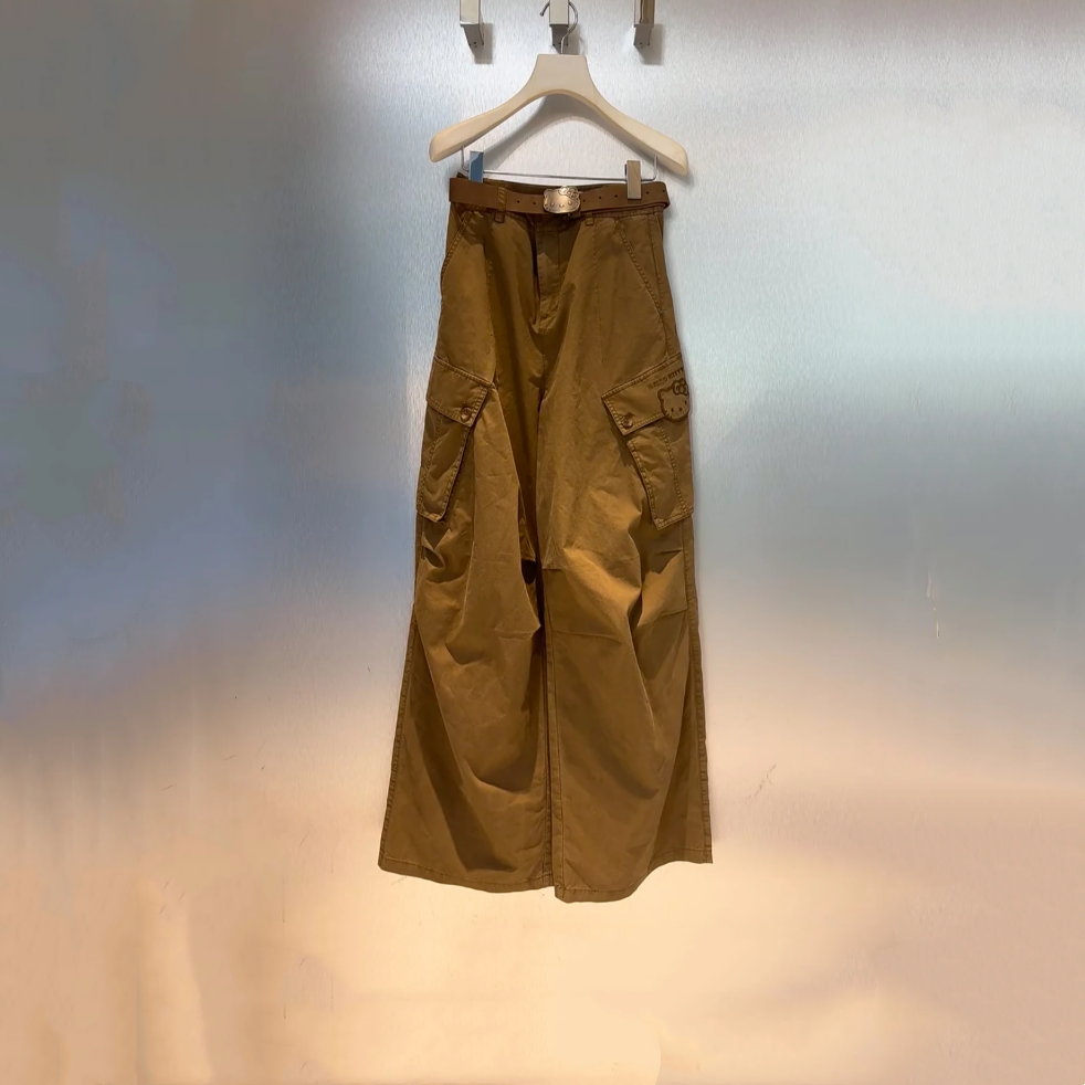 现货芮家2025秋季新款卡通猫咪装饰机能风工装休闲裤女RL71301199