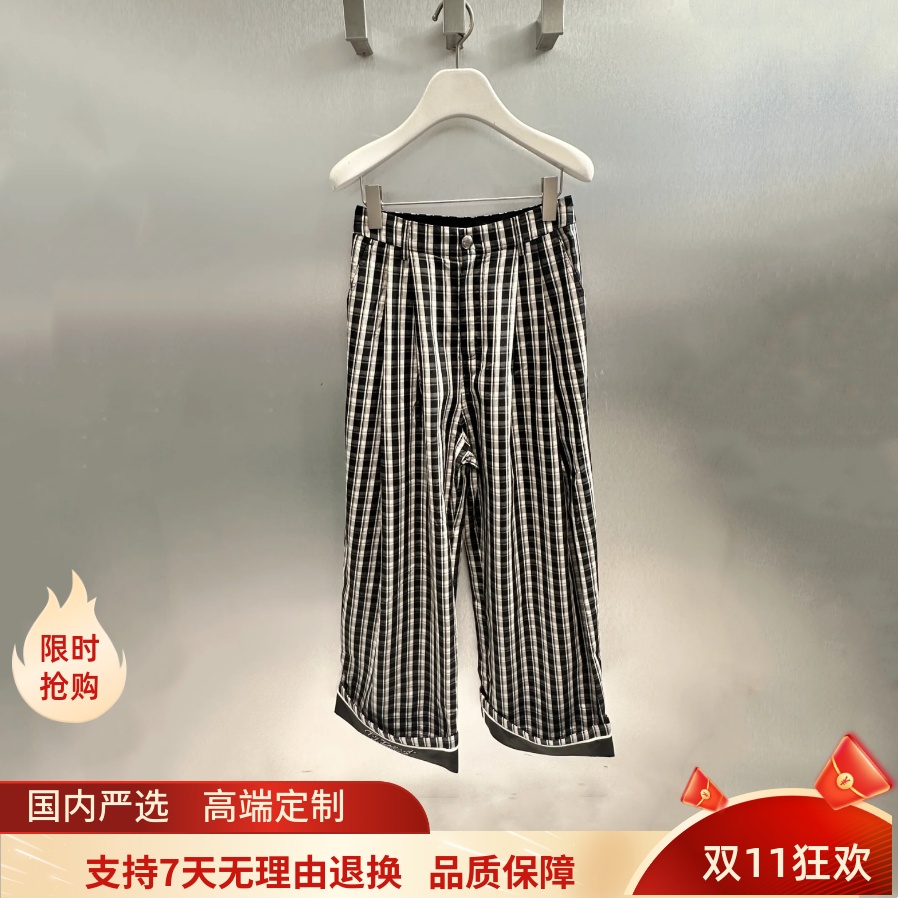 现货芮家2025秋季新款时尚格子高腰松紧腰休闲卷边长裤RL71301065