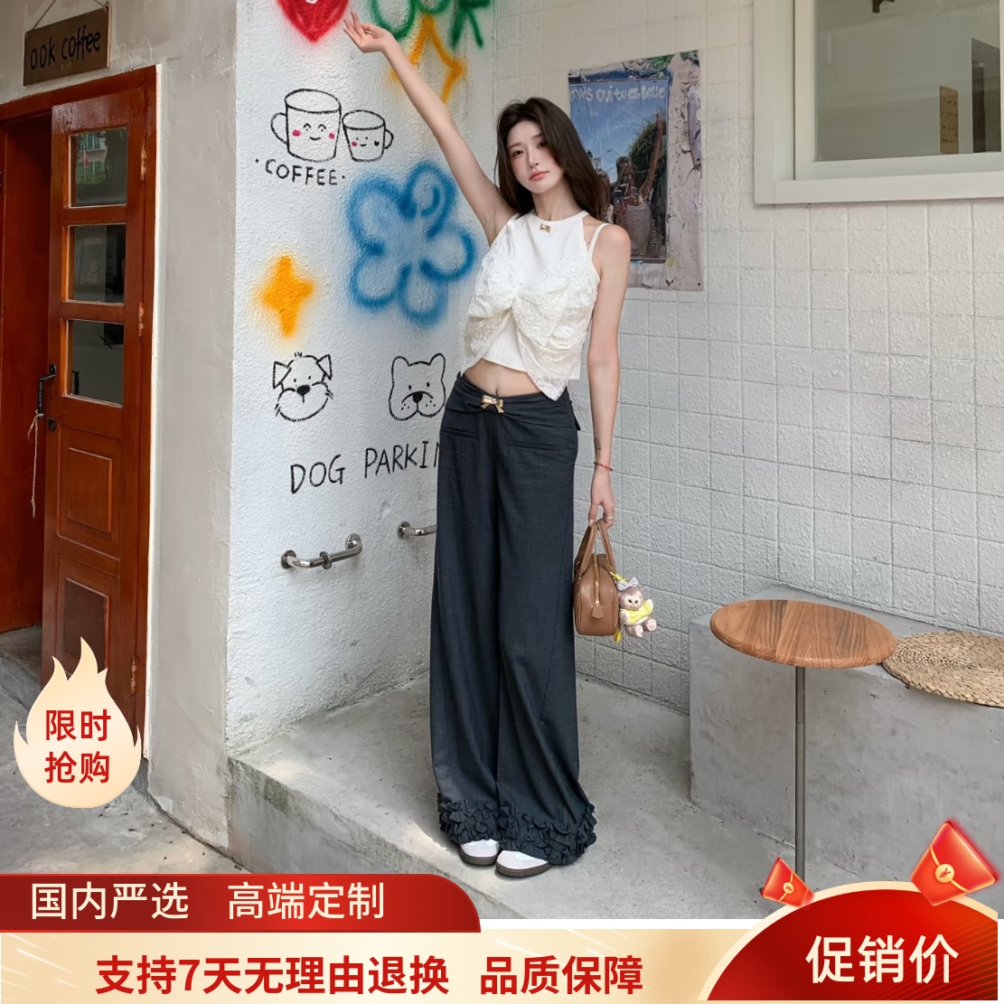 现货拉飞家2025秋款女装宽松蝴蝶结荷叶边休闲长裤子OG25Q11SP056