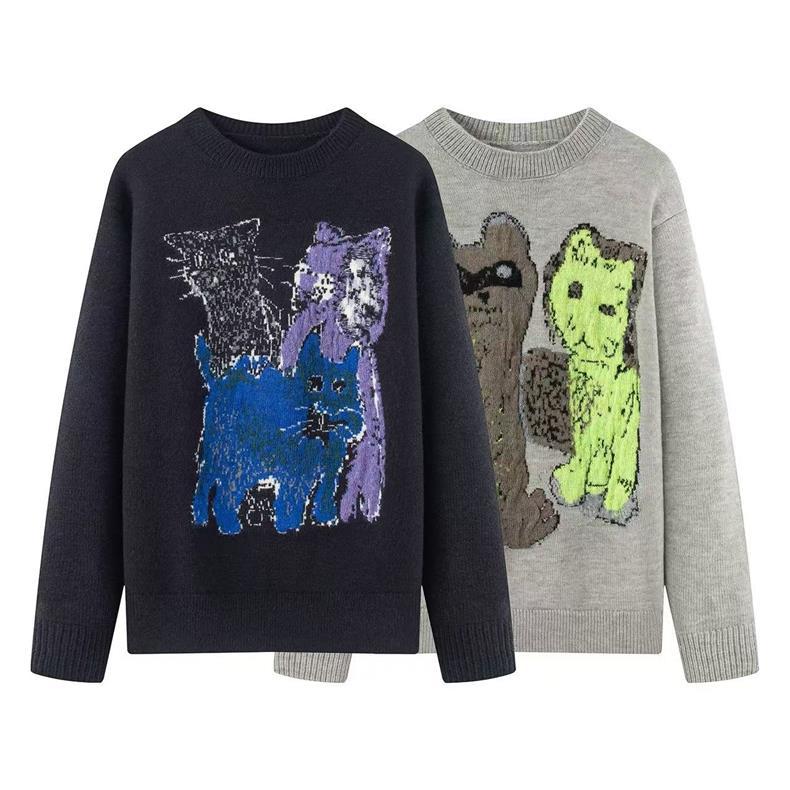 现货江南2025春秋女装宽松猫咪图案长袖休闲针织衫毛衣 5P1314830