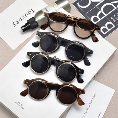 防紫外线圆形复古男女翻盖太阳镜