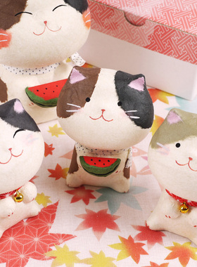日本和纸手工艺猫咪摆件铃铛微笑三毛猫高9cm