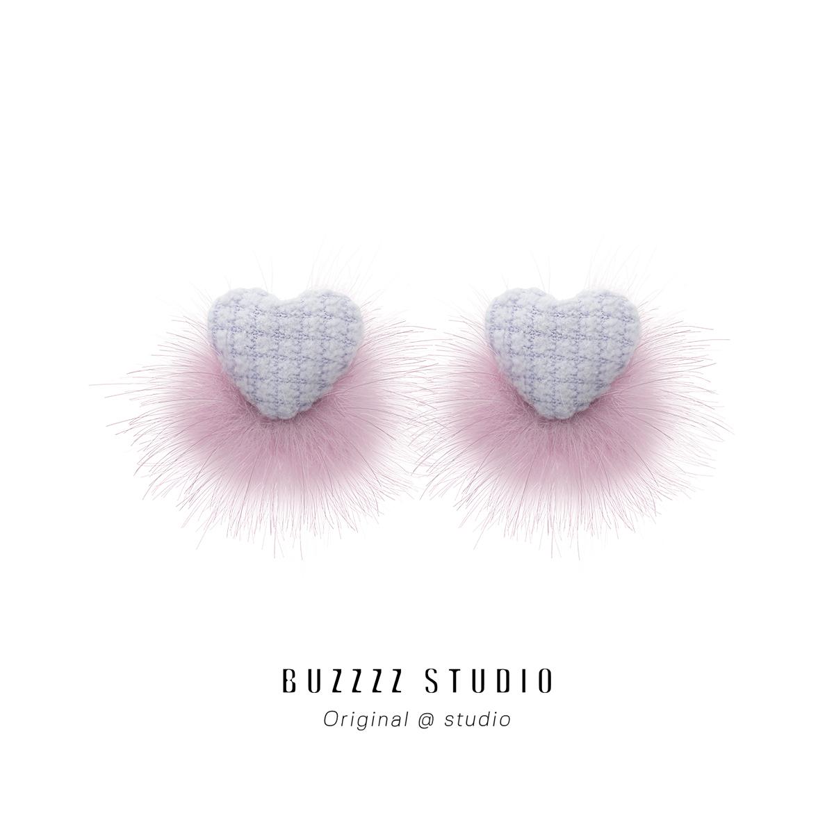 小众高级感毛绒毛球爱心耳钉