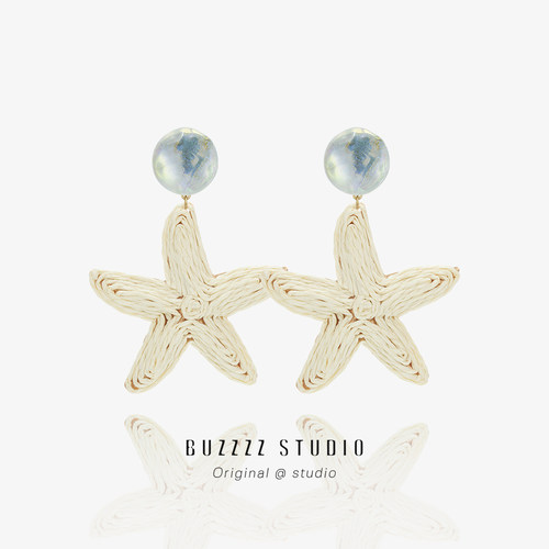 秘蓝海星〃原创手作编织耳钉度假风清新百搭耳环无耳洞耳夹耳饰女