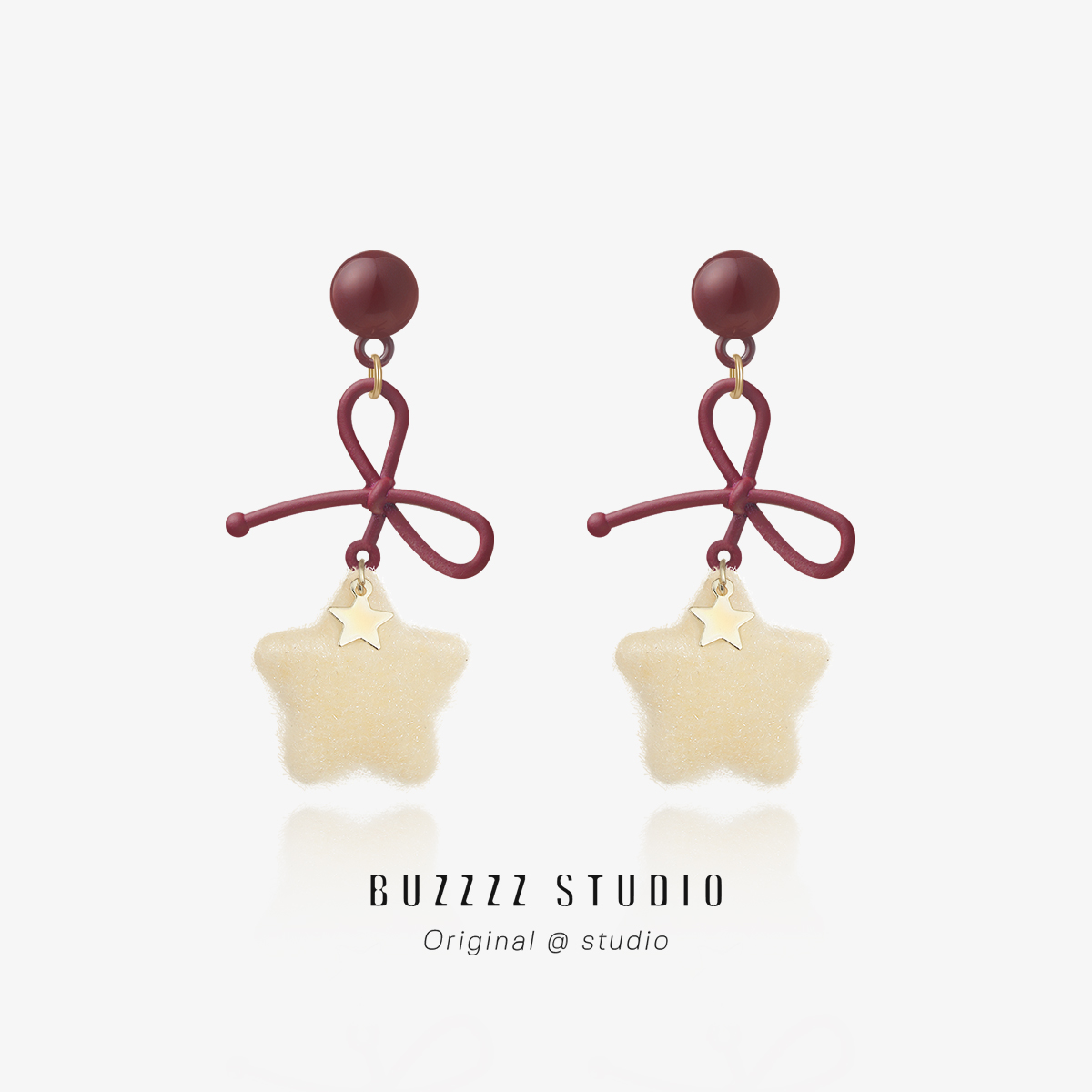 原创温柔毛绒星星红色蝴蝶结耳环节日氛围感气质耳钉无耳洞耳夹女