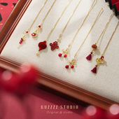 红色新年中国风耳线女2026新款 适合过年国潮不对称流苏耳环耳夹