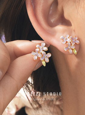 莫奈花簇春日超仙紫色珐琅花朵耳钉法式浪漫可爱精致耳夹耳饰女