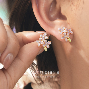 莫奈花簇春日超仙紫色珐琅花朵耳钉法式浪漫可爱精致耳夹耳饰女