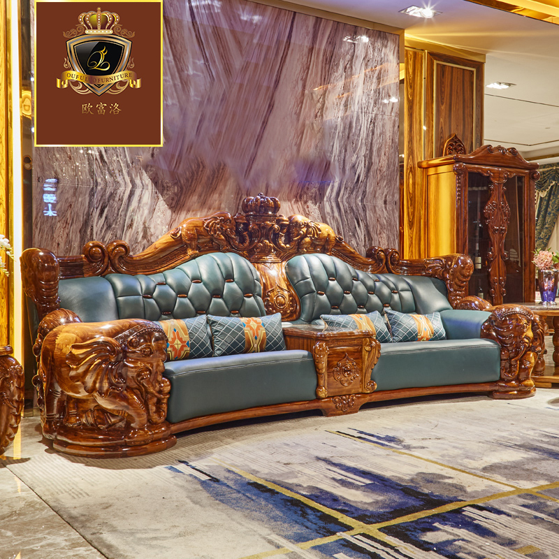 乌金木家具实木雕刻头层牛皮沙发