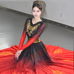 2025新款新疆舞蹈服维吾尔族演出服红色维族服装练习裙剧目艺考服