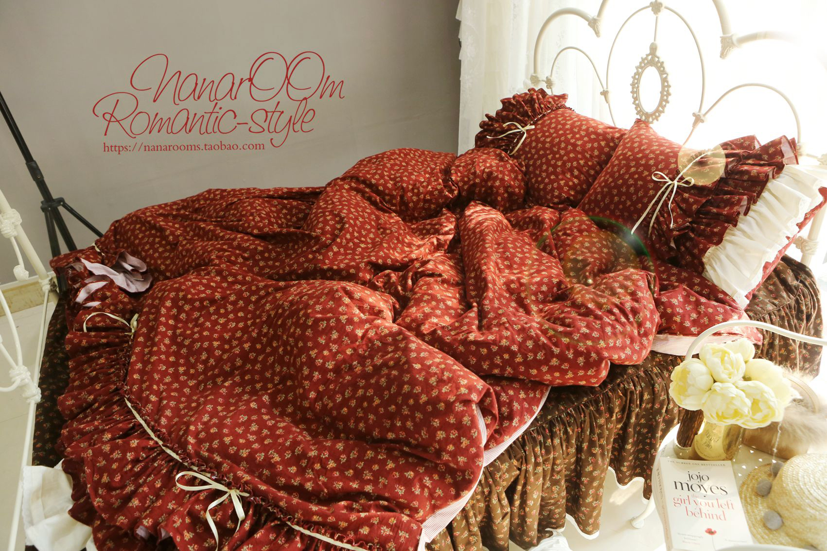 韩国进口婚庆中国红暗红色田园小碎花花朵荷叶边条纹床品四件套,床上用品,婚庆床品套件,淘宝优惠券,粉丝福利购,淘宝优惠卷