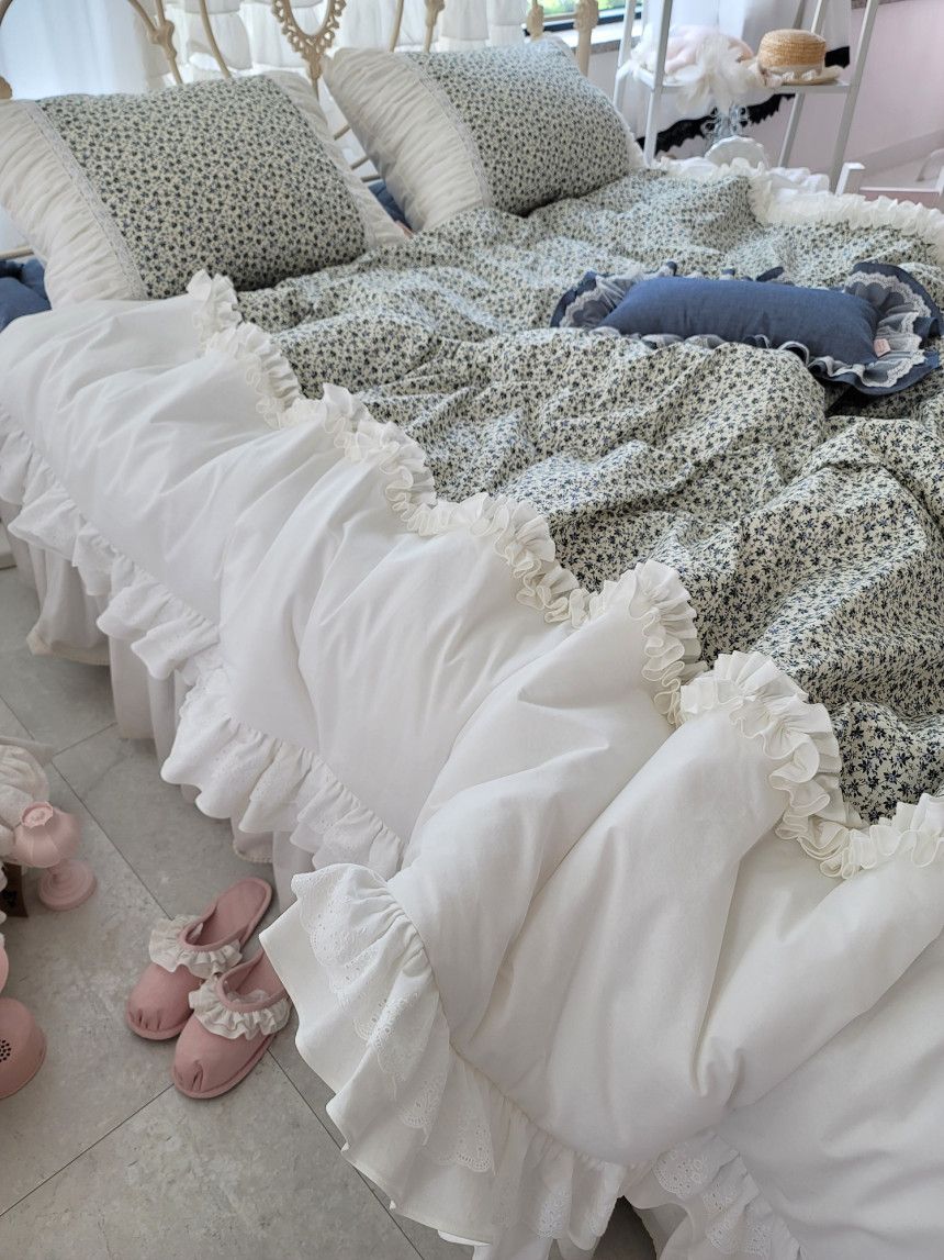 韩国进口浪漫碎花荷叶边木耳叶边蕾丝公主件套床品