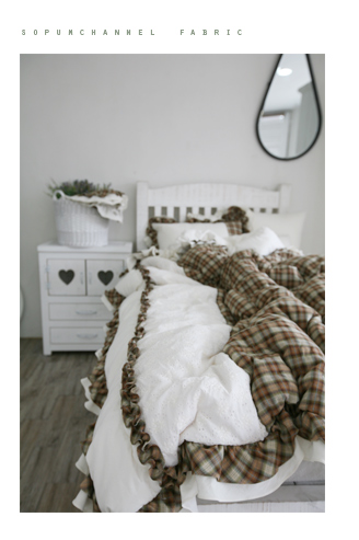 韩国进口咖啡色格子荷叶边撞色白色立体木耳边美式公主四件套床品